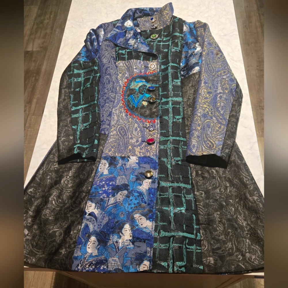 One Of A Kind Japanese Inspired Patchwork Embroidered Fashion Coat With Buttons